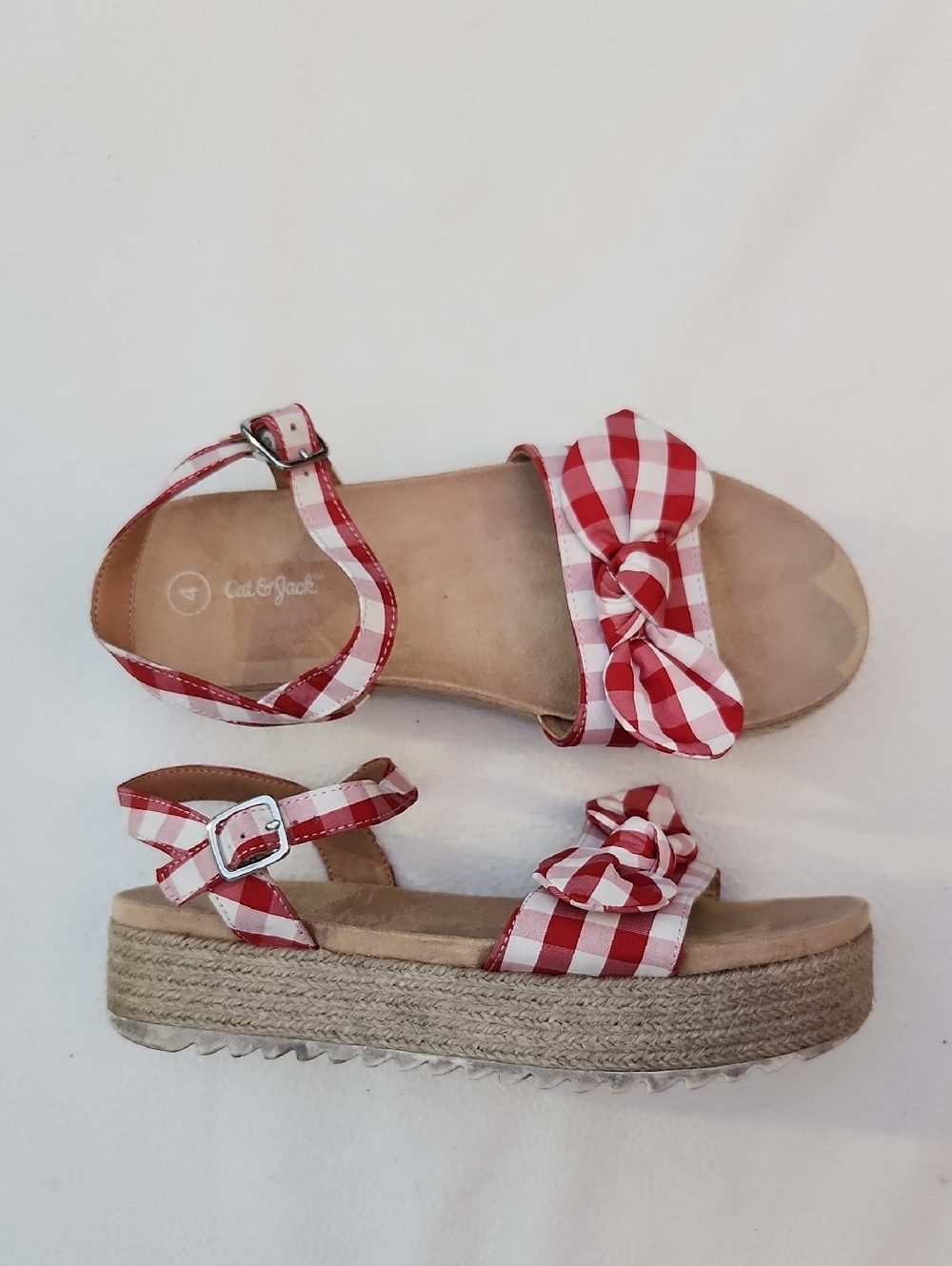 ​Cat & Jack Girls Red Gingham Plaid Bow Platform Espadrille Sandals Size 4